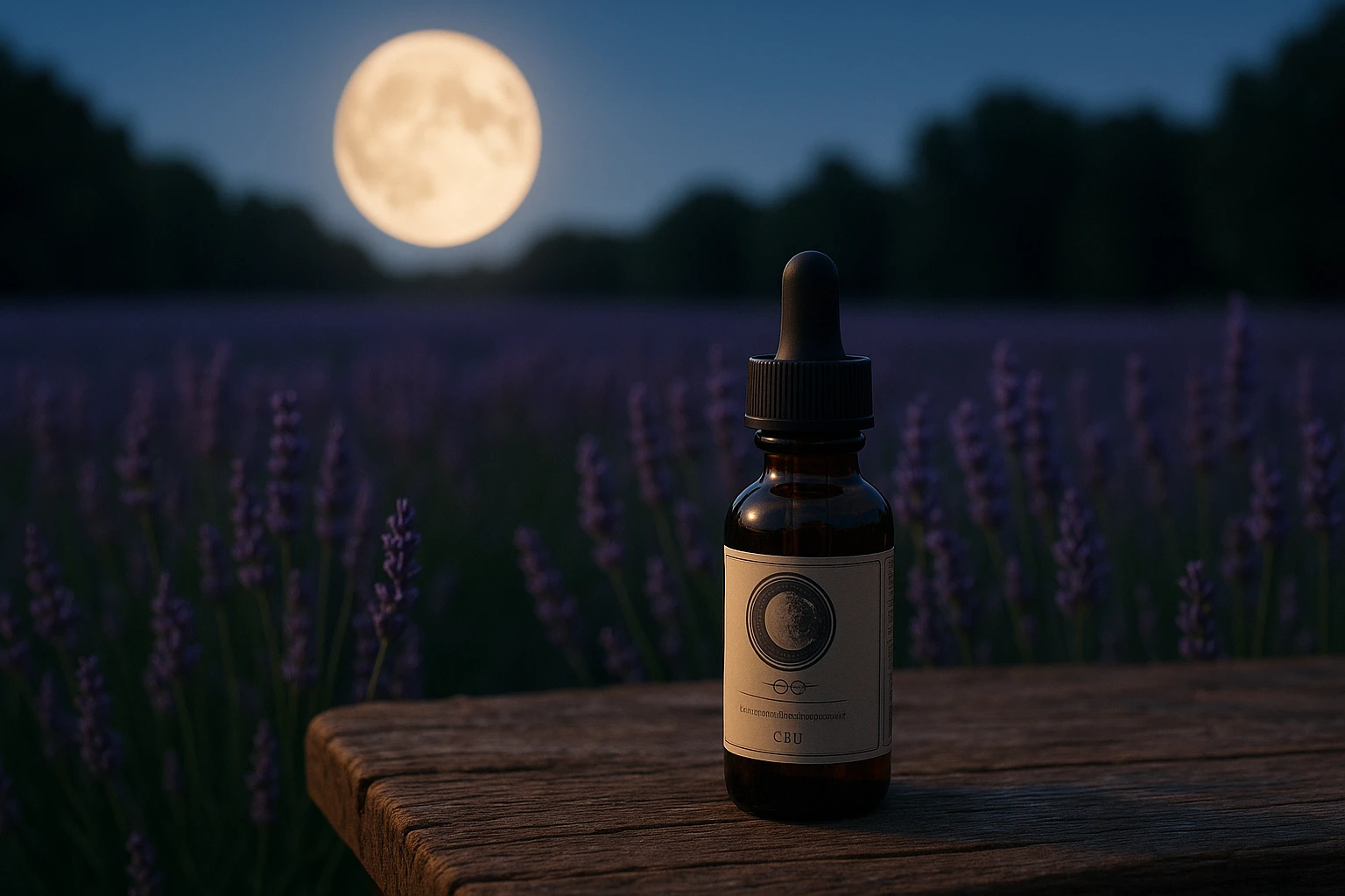 A serene outdoor setting where Full Moons Club's artisanal CBD tinctures are displayed on a rustic wooden table, surrounded by lavender fields under a glowing full moon, highlighting the brand's natural and holistic edge compared to CBD American Shaman.