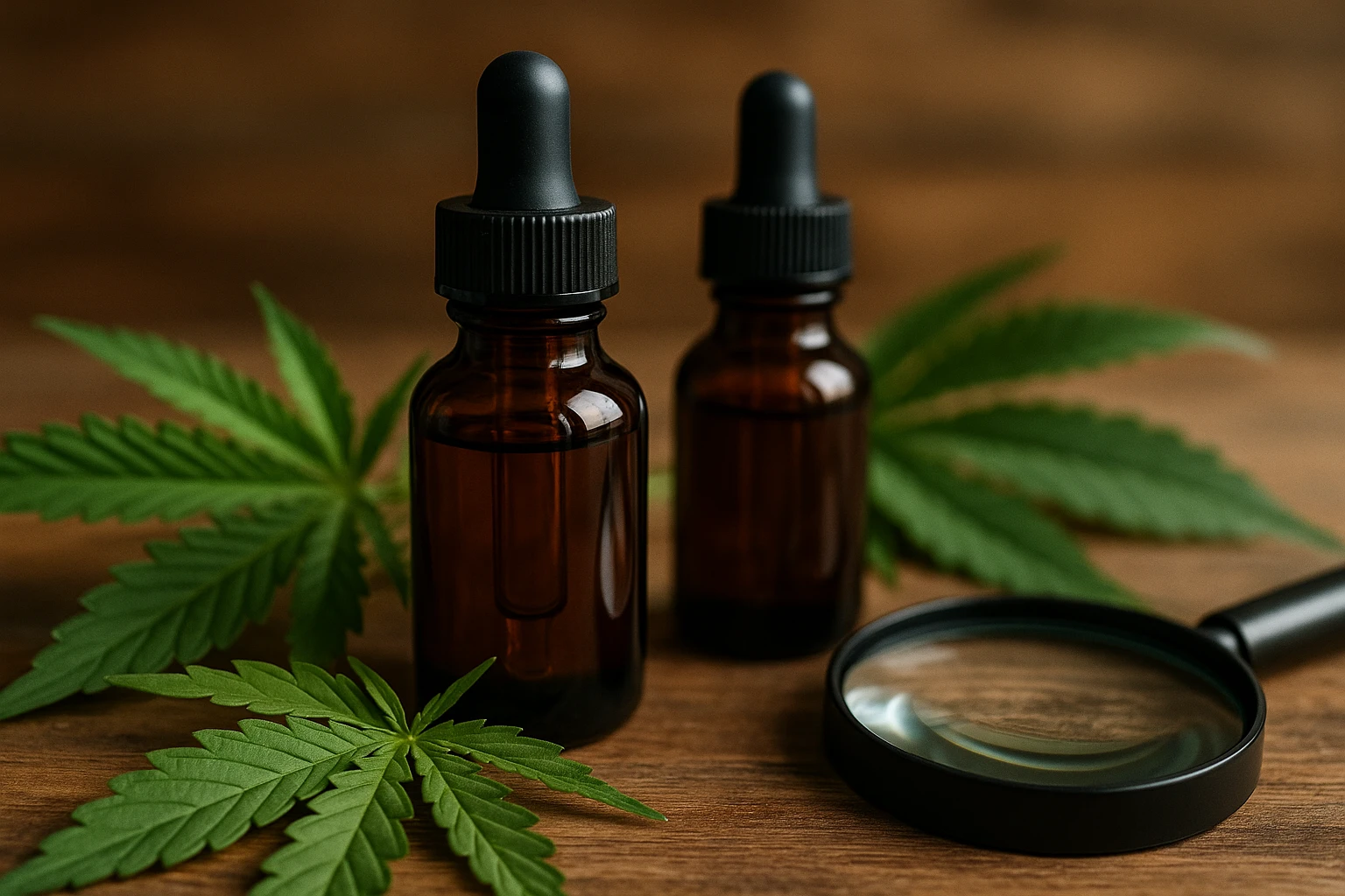 A close-up of Full Moons Club's CBD tincture bottles displayed on a wooden counter next to fresh hemp leaves and a magnifying glass, emphasizing the brand's ingredient transparency and purity compared to CBD American Shaman.