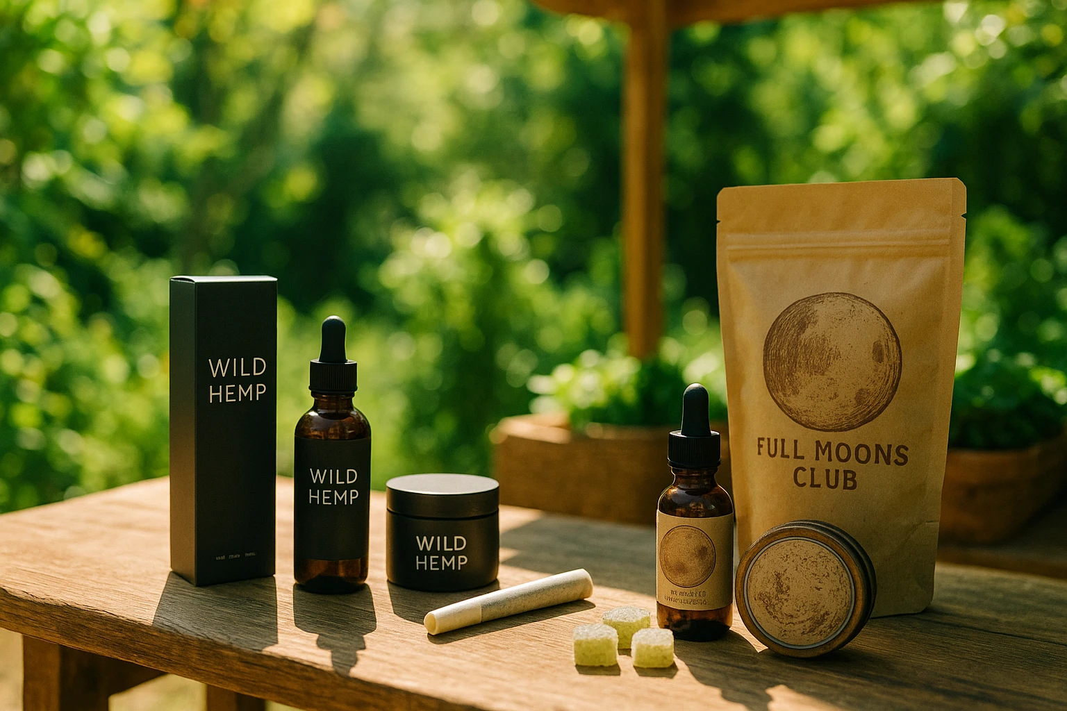 A vibrant outdoor market stand showcasing Wild Hemp products alongside Full Moons Club items; Wild Hemp's sleek, minimalist packaging contrasts with Full Moons Club's earthy, handcrafted design, set against a backdrop of lush greenery and natural sunlight.