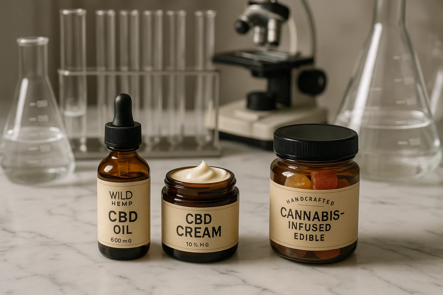 A close-up of a laboratory workspace with Wild Hemp CBD oil bottles and topicals arranged neatly alongside Full Moons Club's handcrafted edibles, on a marble counter surrounded by scientific testing equipment and glass beakers, highlighting the precision and thoroughness in product testing.