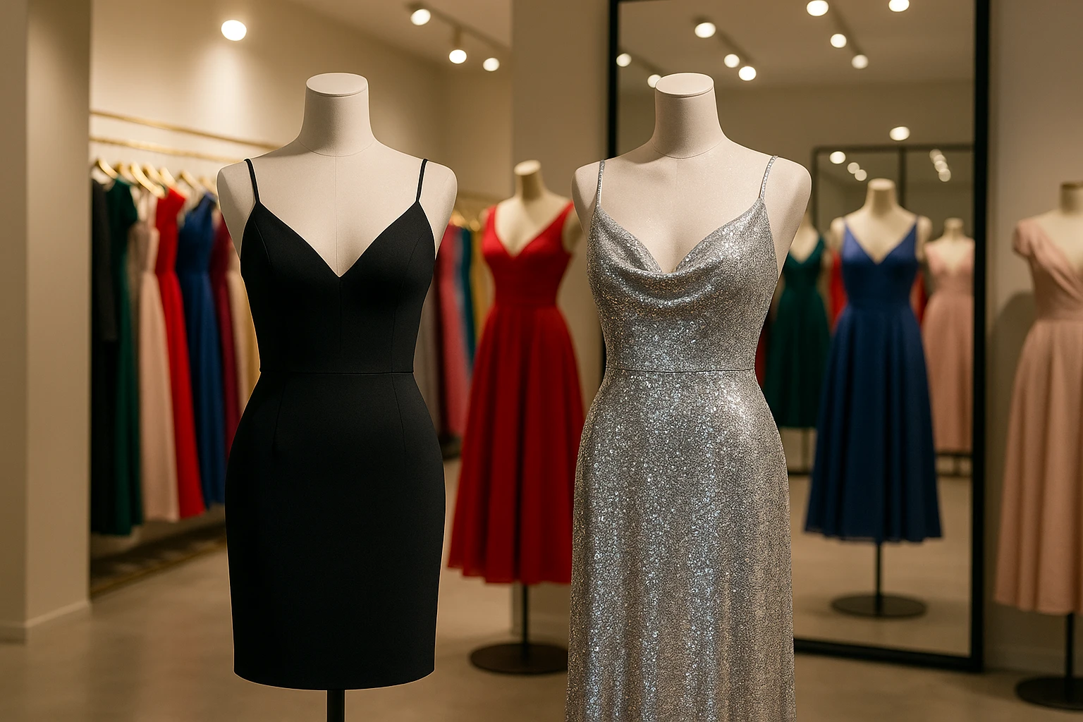 A bright, modern boutique displays a range of occasion-specific dresses on elegant mannequins, with vivid spotlights highlighting a sleek black cocktail dress and a shimmering silver evening gown, set against a backdrop of a large mirror reflecting rows of colorful designer attire.
