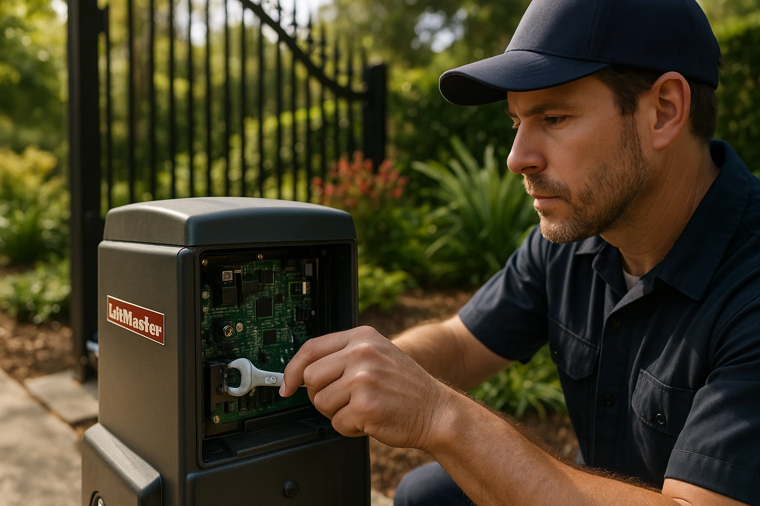Ultimate Guide to LiftMaster Gate Opener Repair A technician adjusts the LiftMaster gate opener mechanism