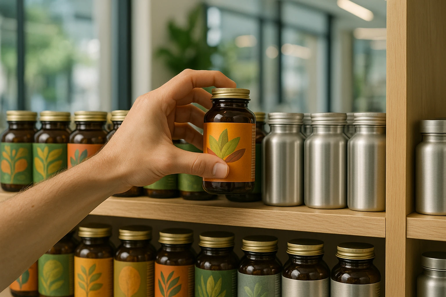 A hand reaching for a shelf filled with various vitamin bottles, clearly marked as 