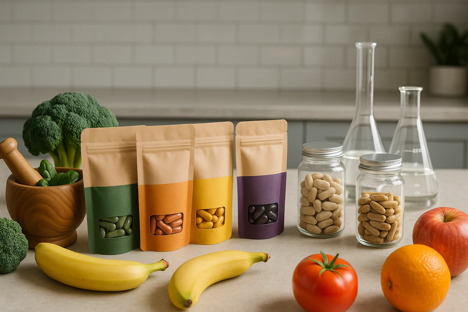 An open kitchen counter with vibrant wholefood supplements in eco-friendly packaging next to a wooden mortar and pestle, surrounded by fresh fruits and vegetables, contrasting with sleek, transparent jars of regular vitamins beside laboratory glassware filled with clear liquids.