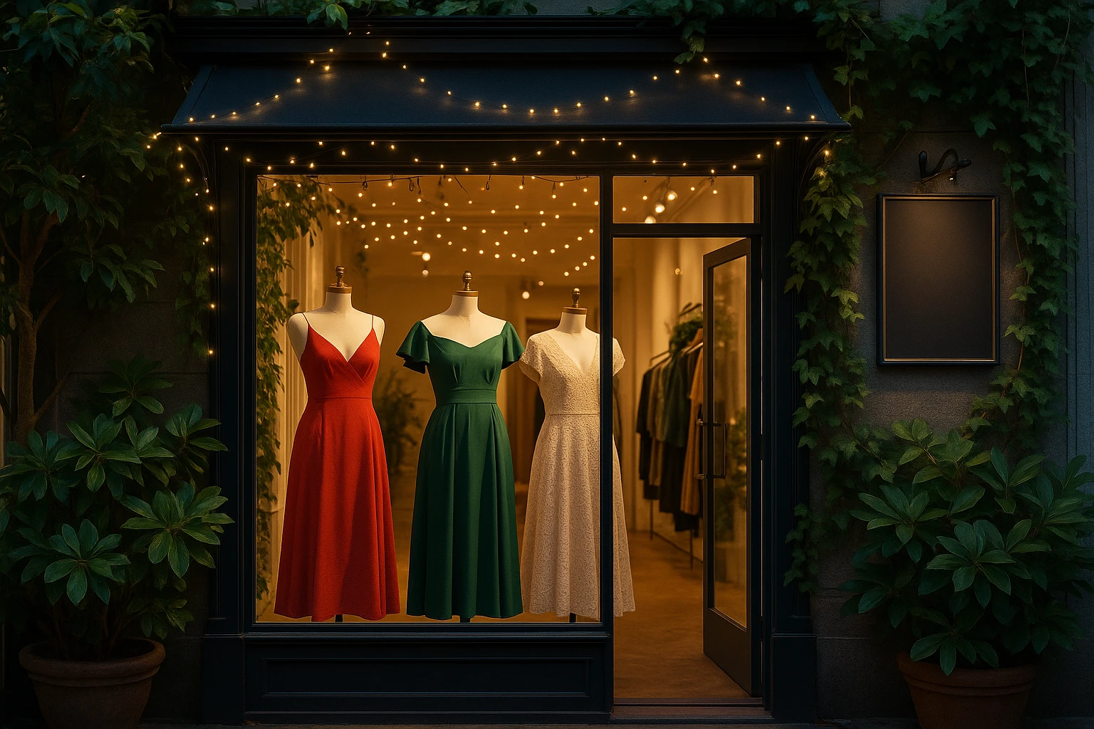 A vibrant boutique storefront with mannequins displaying elegant dresses under twinkling lights, surrounded by lush green foliage and stylish signage advertising a 