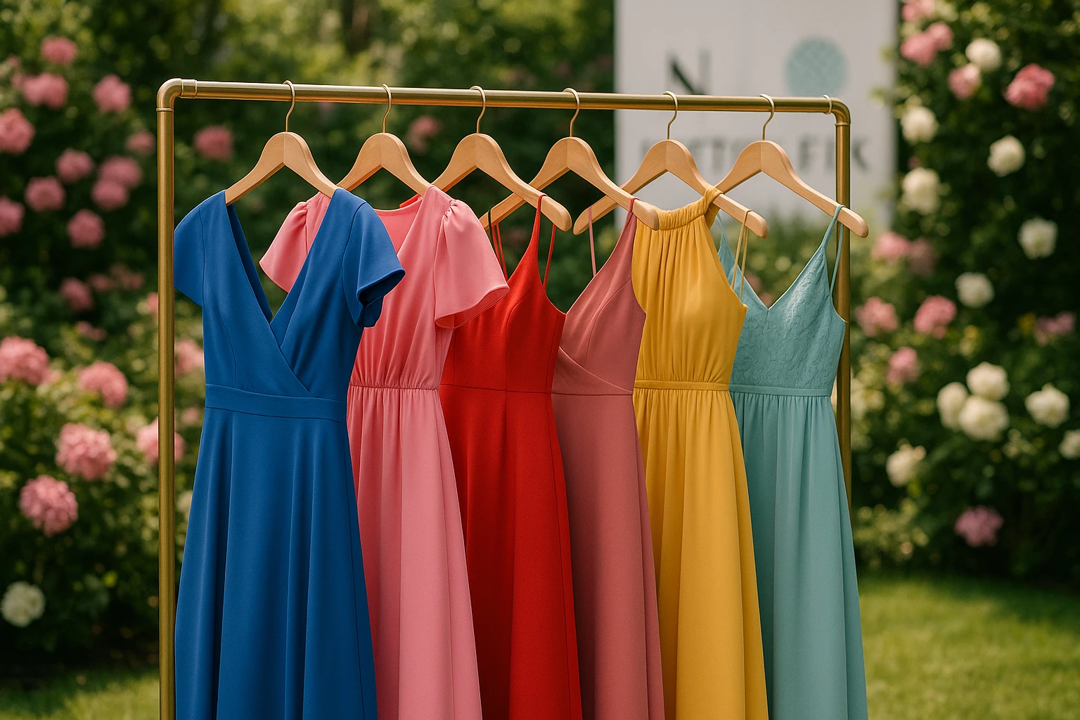 A collection of colorful, neatly arranged occasion-specific dresses hanging on a stylish rack outdoors, with a backdrop of blooming flowers and a sign displaying the logos of Nordstrom and Stitch Fix, showcasing the intersection of fashion and nature.