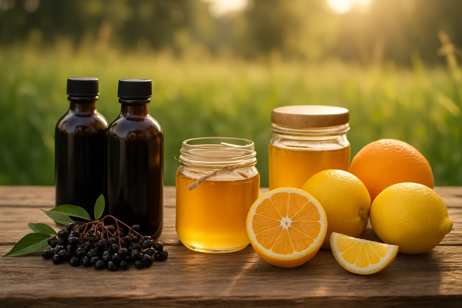 A rustic wooden table adorned with a variety of natural supplements, including bottles of elderberry syrup, jars of honey, and fresh citrus fruits, with a background of a sunlit meadow.