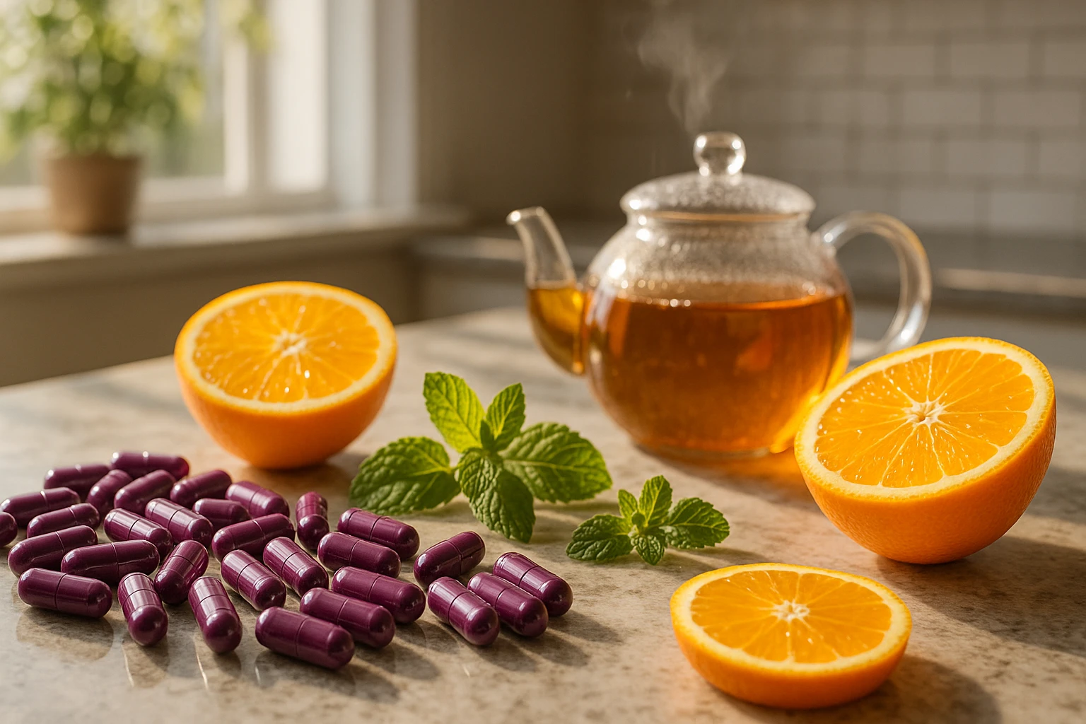 A vibrant kitchen counter displays a colorful spread of natural supplements: an array of vibrant elderberry capsules, glossy oranges sliced in half, sprigs of fresh mint, and a steaming herbal tea pot, with soft sunlight streaming through a nearby window.