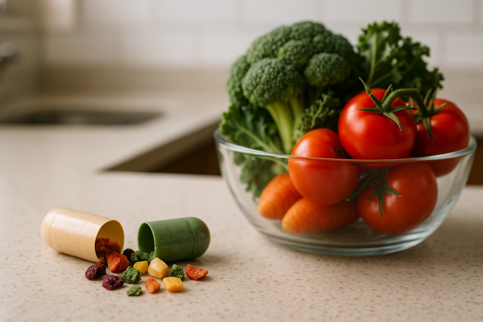A serene kitchen countertop featuring a vibrant, open whole-food supplement capsule spilling colorful, dried fruits and vegetables next to a clear glass bowl of fresh produce, highlighting the natural ingredients.