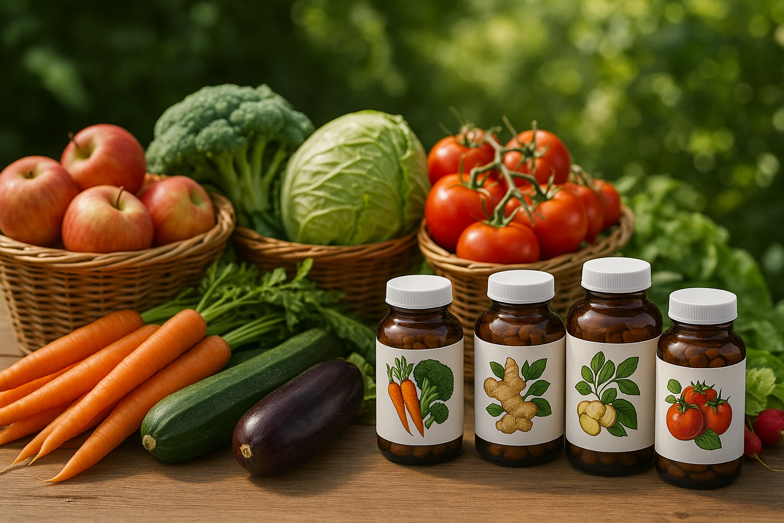 A farmer's market stall displaying baskets of fresh fruits and vegetables next to bottles of wholefood supplements with labels highlighting natural ingredients, set against a background of lush greenery.