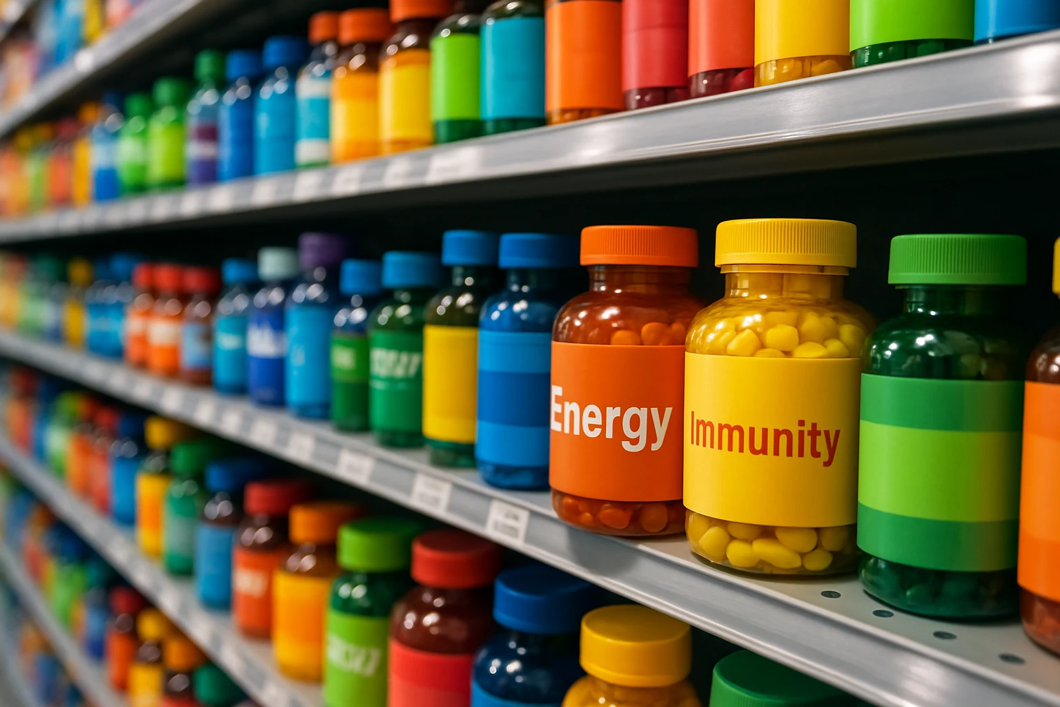 A vibrant store aisle brimming with an array of supplement bottles in various colors and shapes, with a close-up focus on labels highlighting energy and immunity benefits, surrounded by bright, inviting packaging.