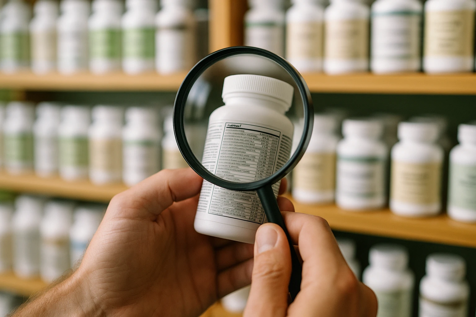 A close-up of a hand holding a magnifying glass over a supplement bottle's label, focusing on the detailed ingredient list, while in the background, shelves filled with organized, neatly labeled bottles reflect a well-lit, natural health store setting.