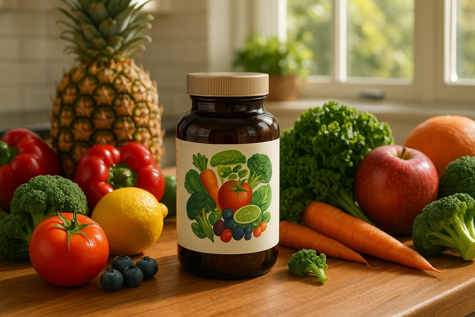 A vibrant kitchen scene with a wooden countertop displaying an array of colorful fresh fruits and vegetables surrounding a bottle of wholefood multivitamins, sunlight streaming through a window highlighting the natural ingredients depicted on the label.