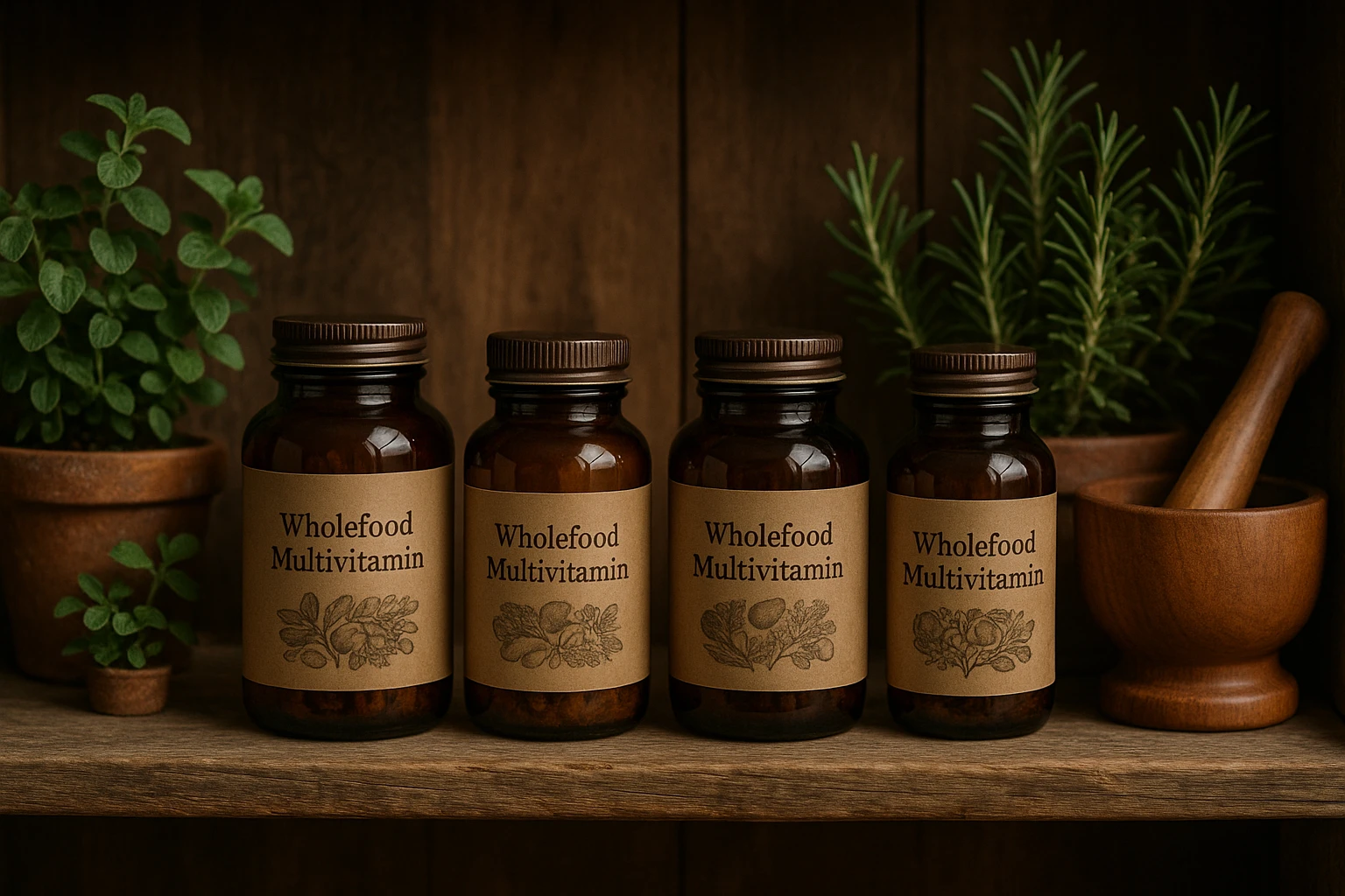 A rustic health store shelf displaying a variety of wholefood multivitamin bottles, with earthy packaging and muted labels, surrounded by small potted herbs and a wooden mortar and pestle.