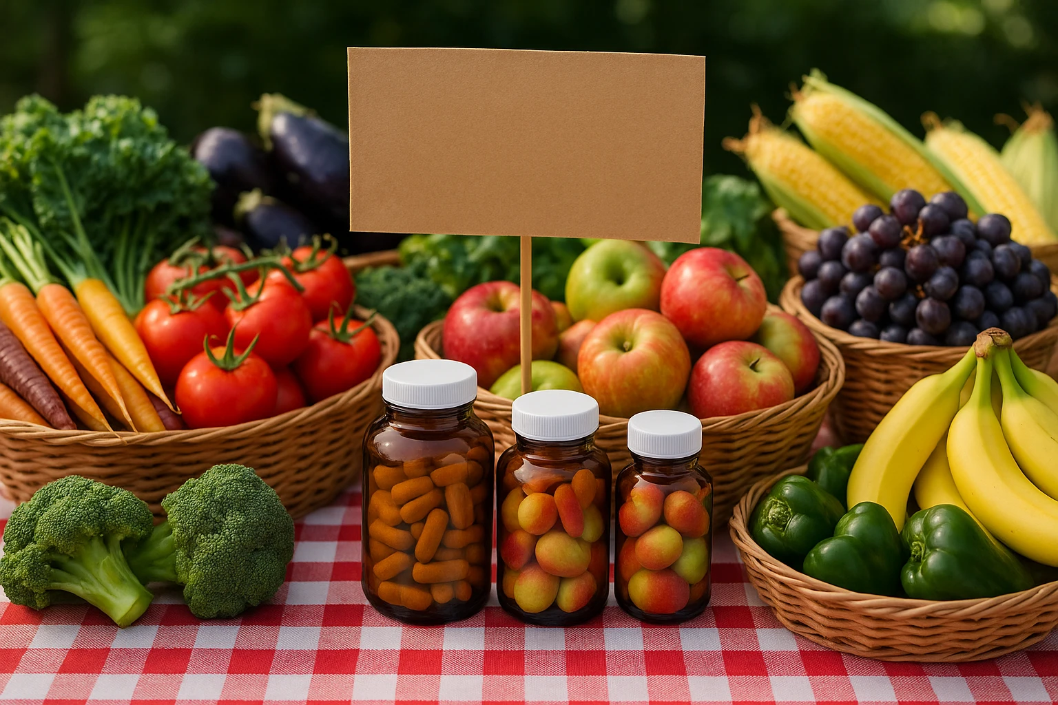 A vibrant farmer's market stand displaying baskets of fresh fruits and vegetables alongside bottles labeled as natural vitamin supplements, with a sign promoting the benefits of whole-food-based nutrients.