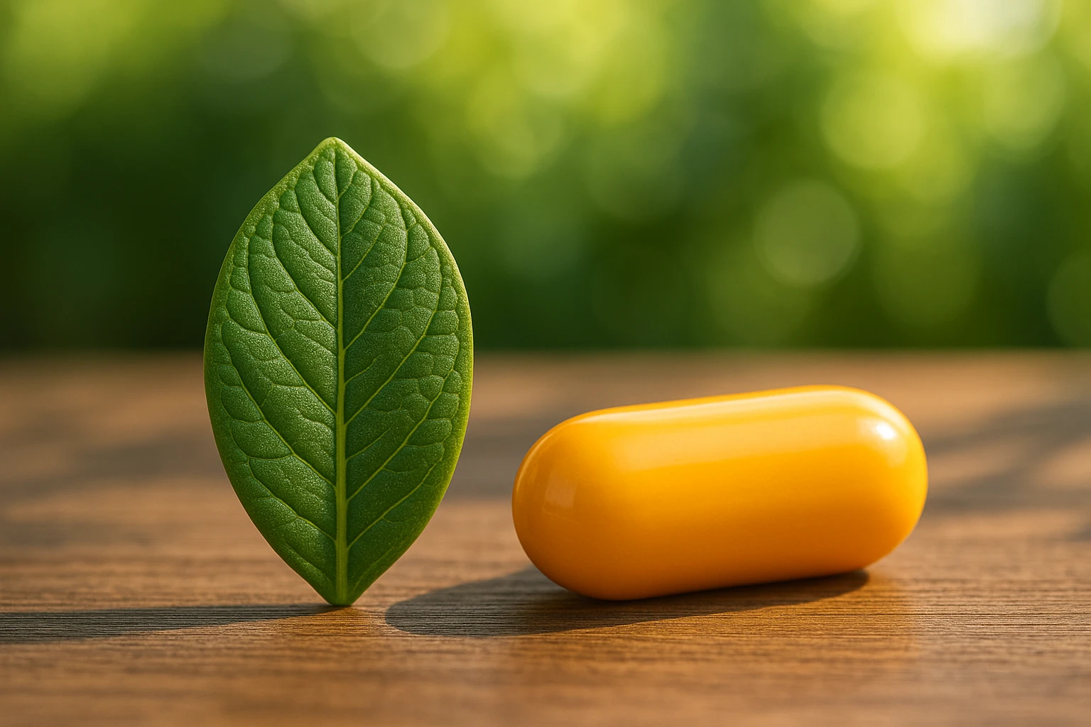 A detailed close-up of two capsules: one green and leaf-shaped labeled 