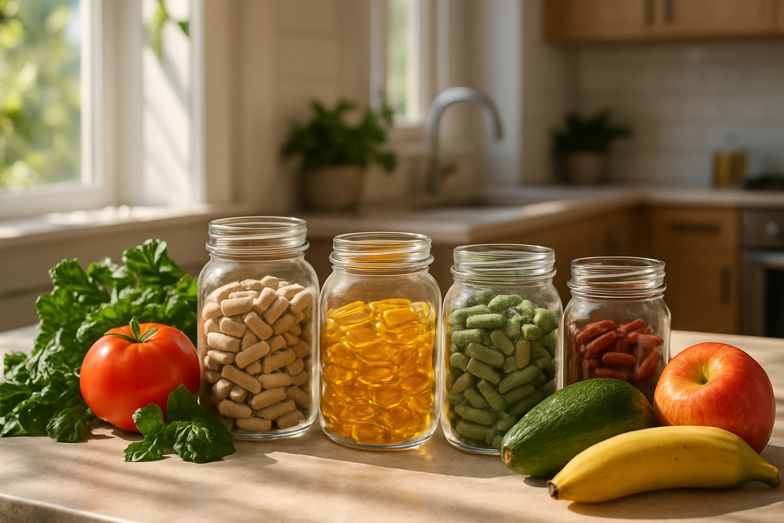A vibrant shot of an open kitchen counter displaying a variety of wholefood supplements in clear glass jars, surrounded by fresh fruits and leafy greens, with morning sunlight streaming through a nearby window.