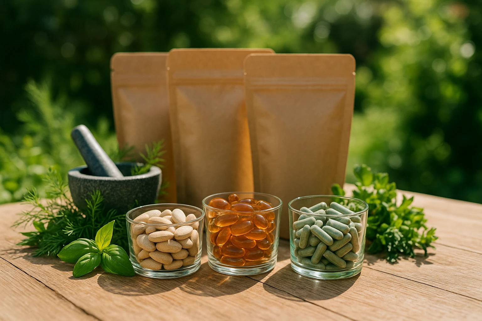 A close-up of a wooden table outdoors with an assortment of wholefood supplements in eco-friendly packaging, surrounded by fresh herbs, a small mortar and pestle, and a sunlit garden in the background.