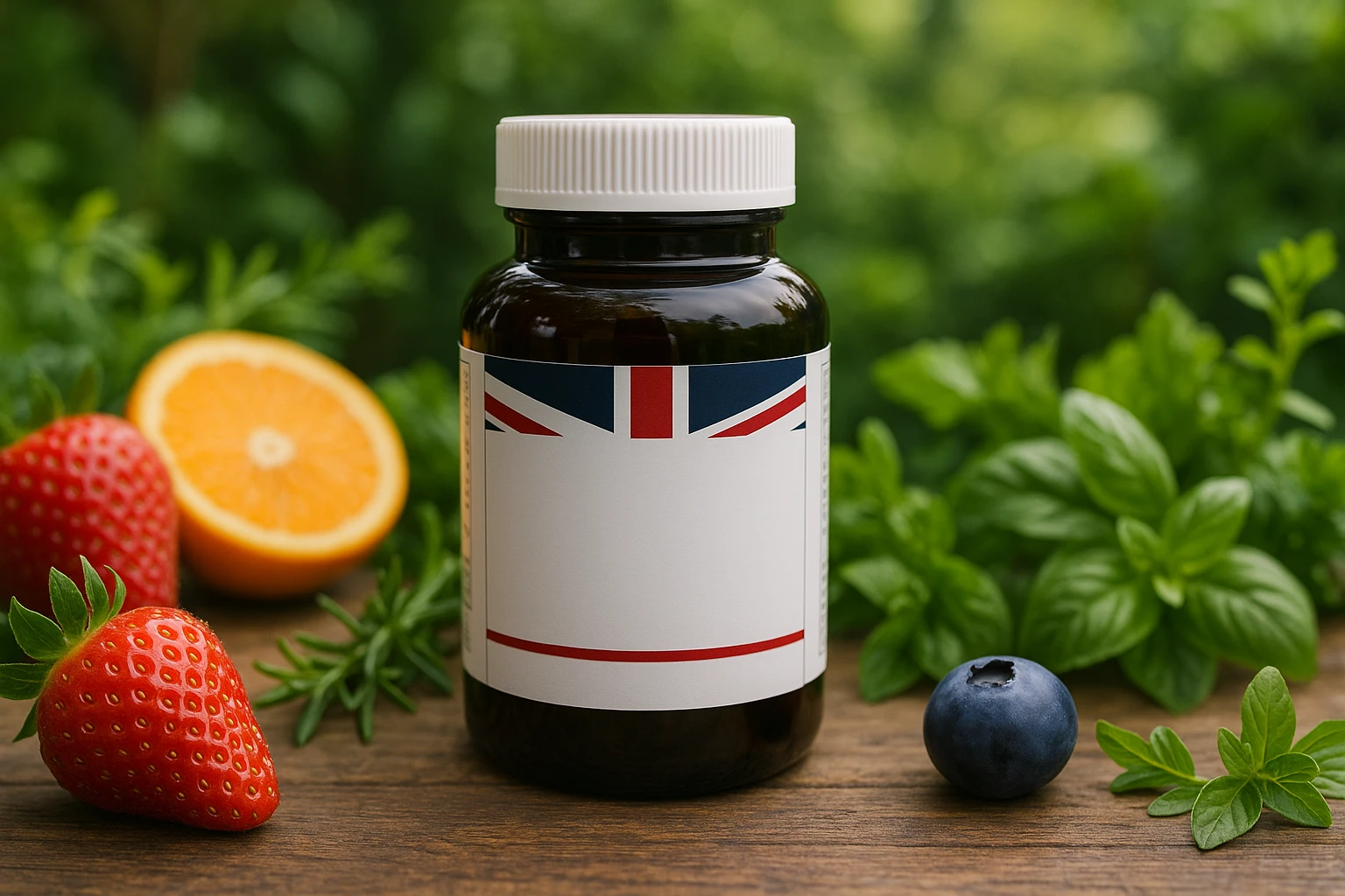 A close-up of British Supplements™ packaging displayed on a rustic wooden table surrounded by fresh herbs and vibrant fruits, capturing the essence of natural, high-potency ingredients in an outdoor garden setting.