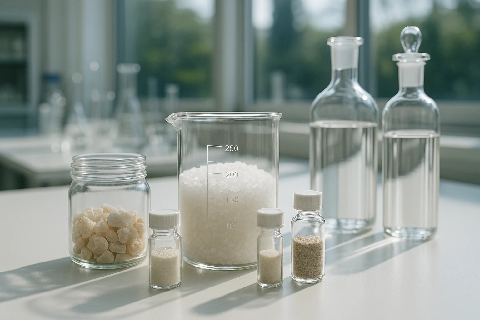 A pristine laboratory setting with glass containers and vials containing raw ingredients, labels detailing the purity tests they’ve undergone, surrounded by natural light streaming in through large windows, highlighting the meticulous quality control process.