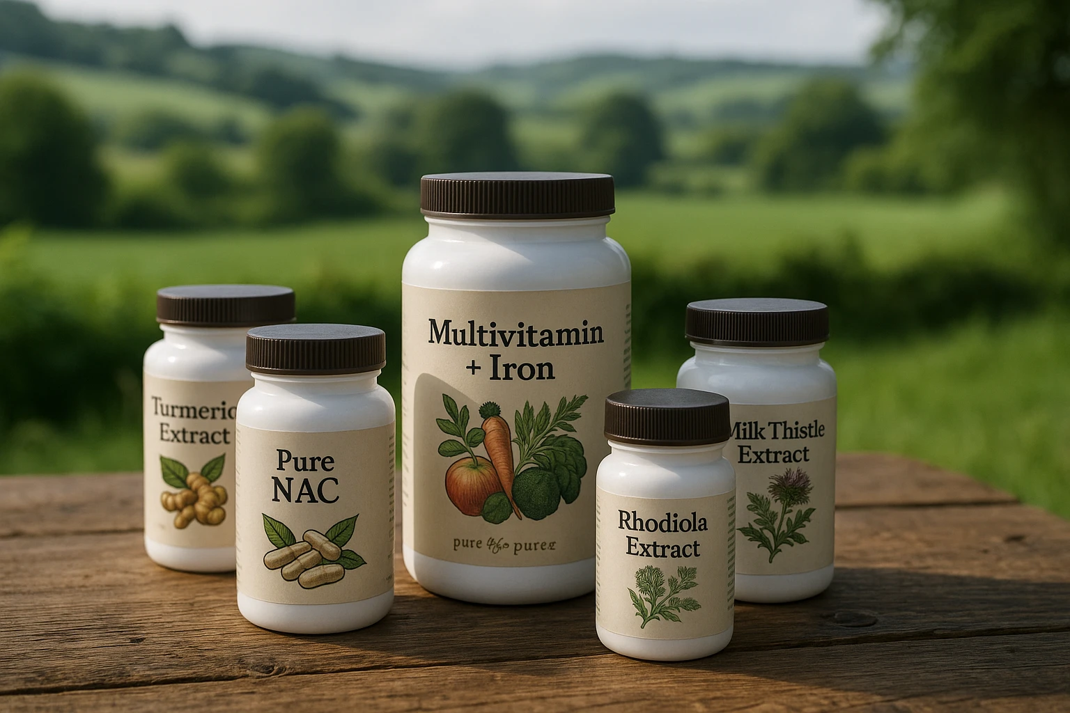 A variety of British Supplements products arrayed on a rustic wooden table, with a backdrop of lush green countryside, highlighting pure and natural formulation.