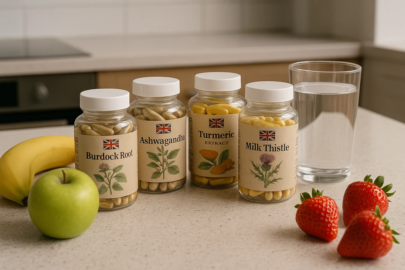 A selection of British Supplements placed on a kitchen counter, with fresh fruits and a glass of water nearby, emphasizing a healthy daily routine and natural lifestyle integration.