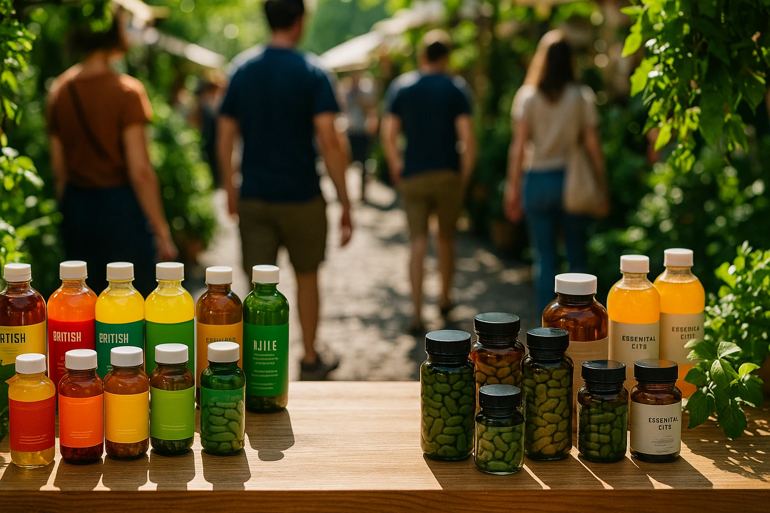A vibrant outdoor market scene with a display table featuring vividly labeled bottles and jars of British Supplements on one side and Essential Life products on the other, surrounded by lush greenery and sunlight casting shadows of passing shoppers.