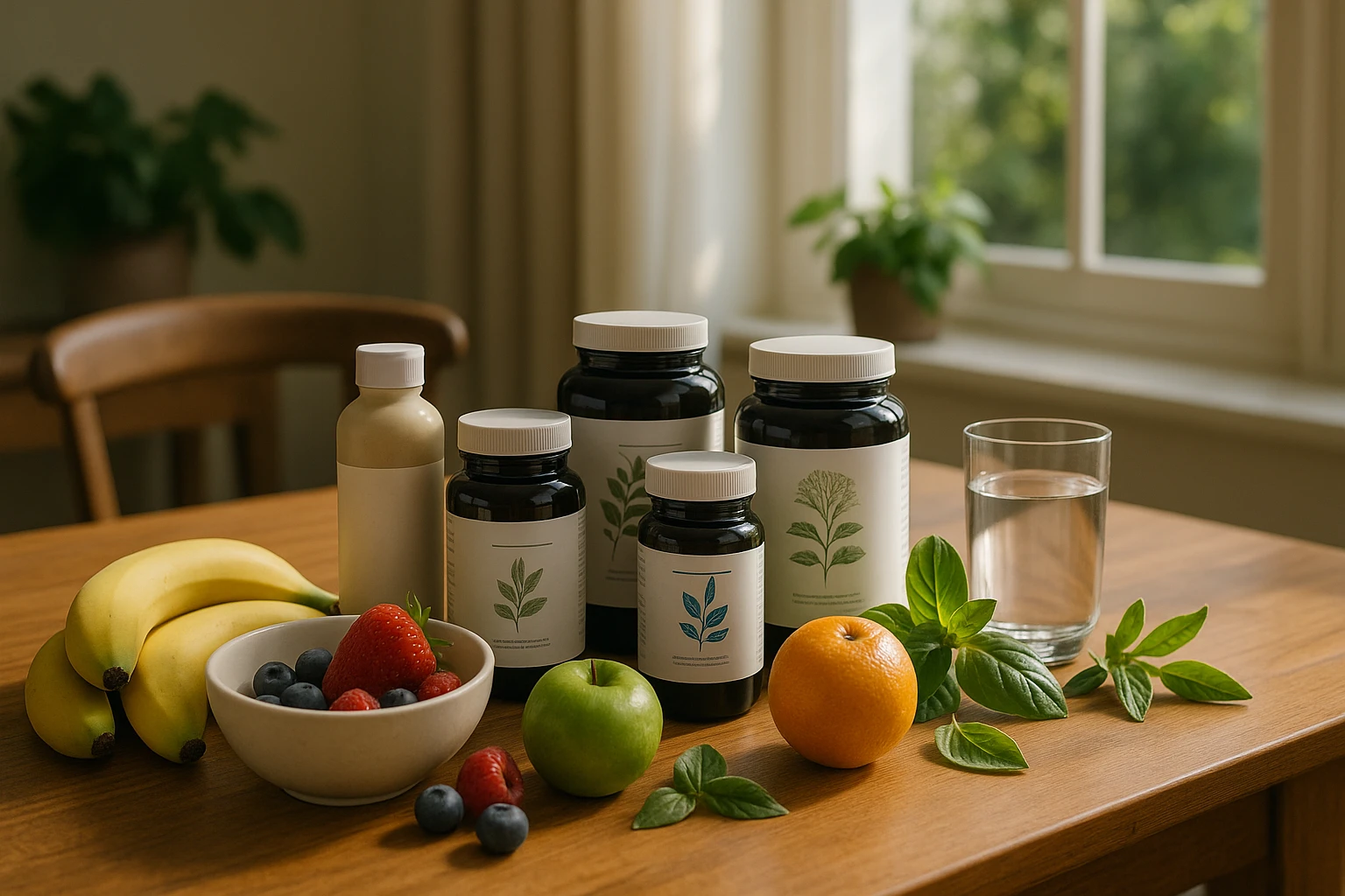 An elegant wooden kitchen table set for a health-focused breakfast, featuring neatly arranged containers of British Supplements and Essential Life products surrounded by fresh fruits, herbal leaves, and a glass of water, with natural morning light streaming through a nearby window.