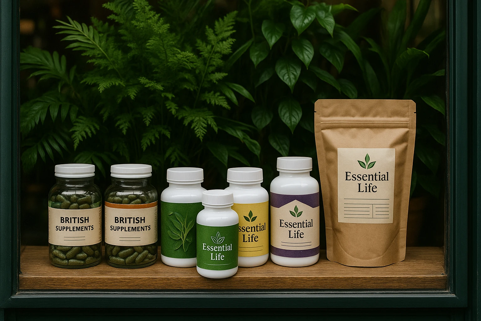 A vibrant storefront display featuring the distinct packaging of British Supplements™ and Essential Life products, set against a lush backdrop of green plants, highlighting the brands' commitment to purity and natural ingredients.