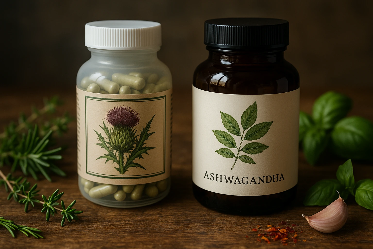 A close-up of two supplement bottles, one from British Supplements™ and the other from Essential Life, set on a rustic wooden table surrounded by fresh herbs and spices, illustrating the brands' focus on natural ingredients and purity.