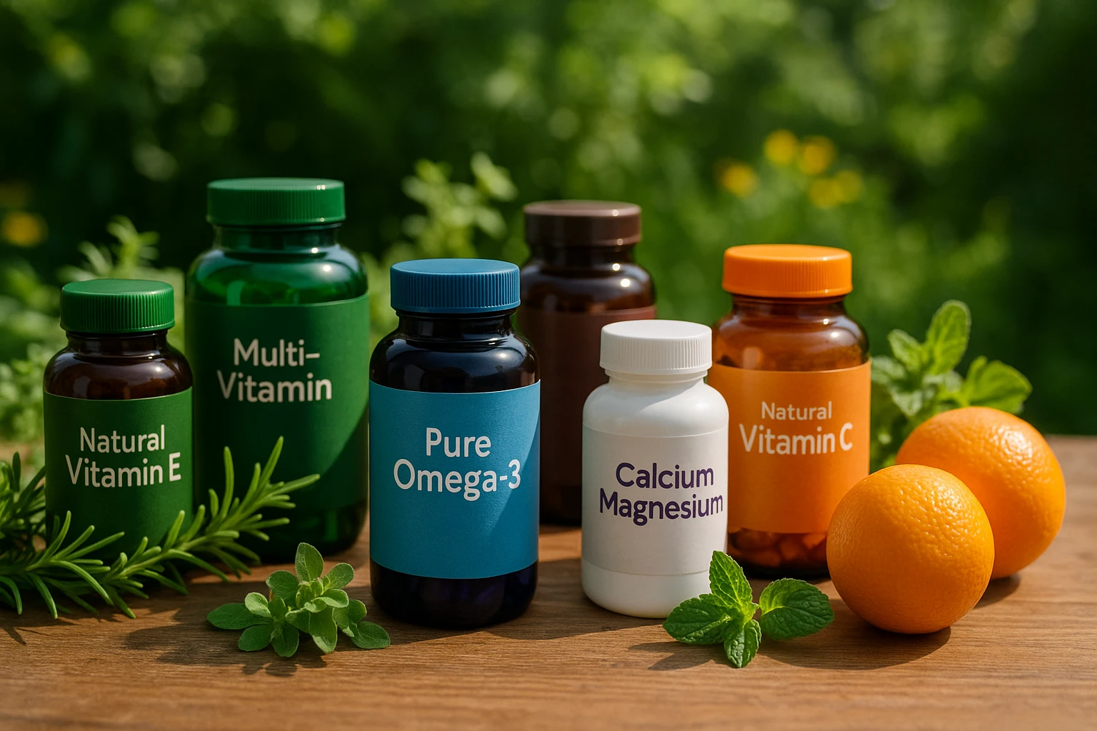 An array of colorful supplement bottles featuring various labels like 