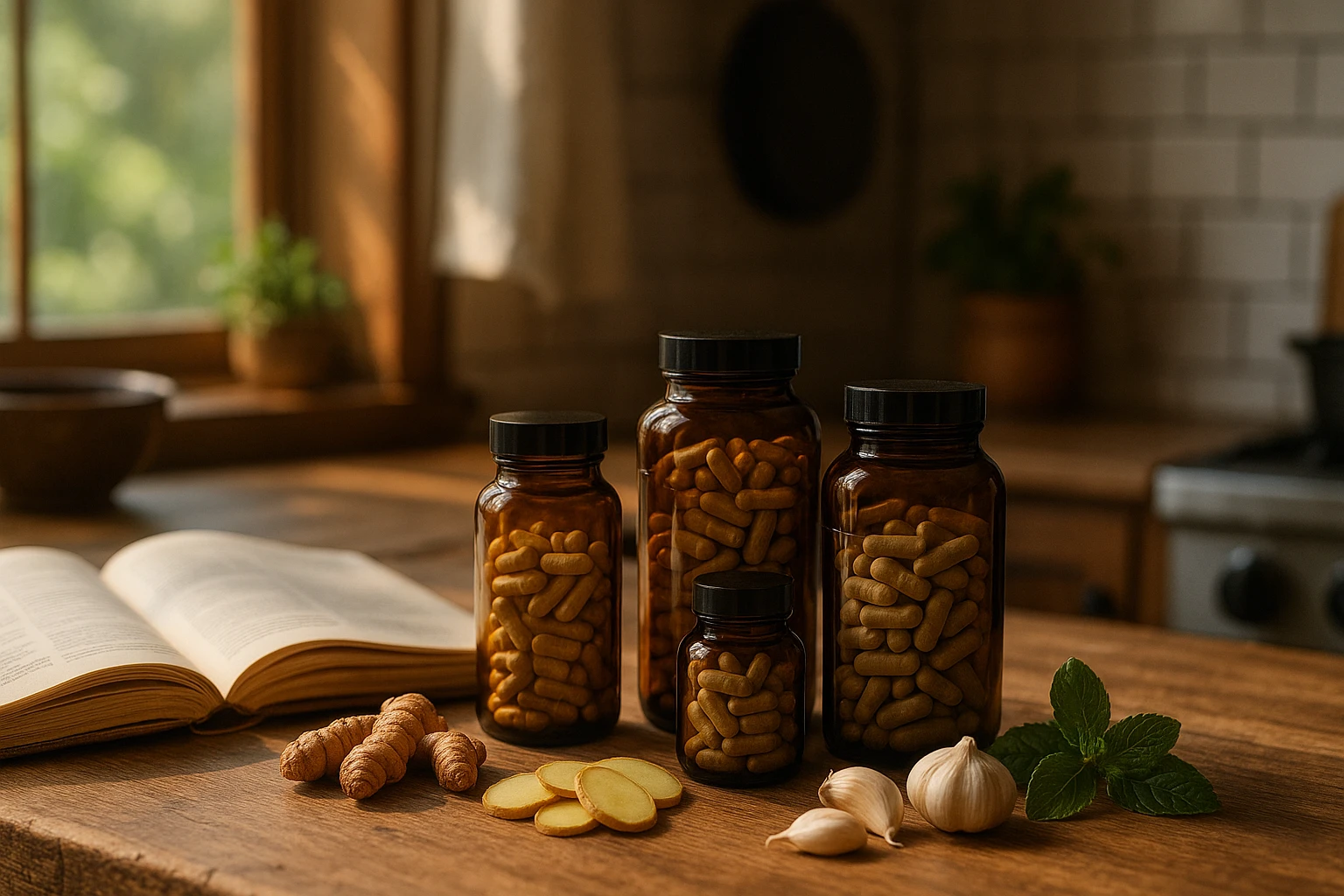 A wooden countertop in a rustic kitchen featuring an open cookbook beside an assortment of supplement jars labeled 