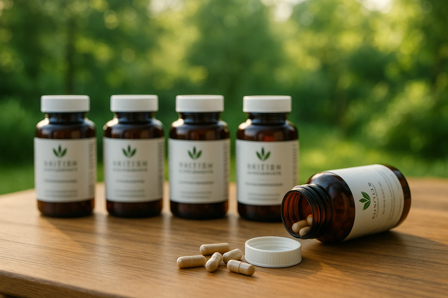 A neatly arranged assortment of British Supplements' bottles displayed on a wooden table, with one bottle open and a few capsules scattered beside it, set against a backdrop of a lush green garden in the morning light.