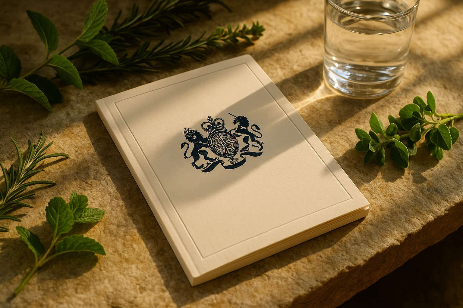 A close-up shot of a British Supplements™ product guidebook resting on a natural stone surface surrounded by freshly picked herbs and a glass of water, bathed in warm afternoon sunlight streaming through a nearby window.