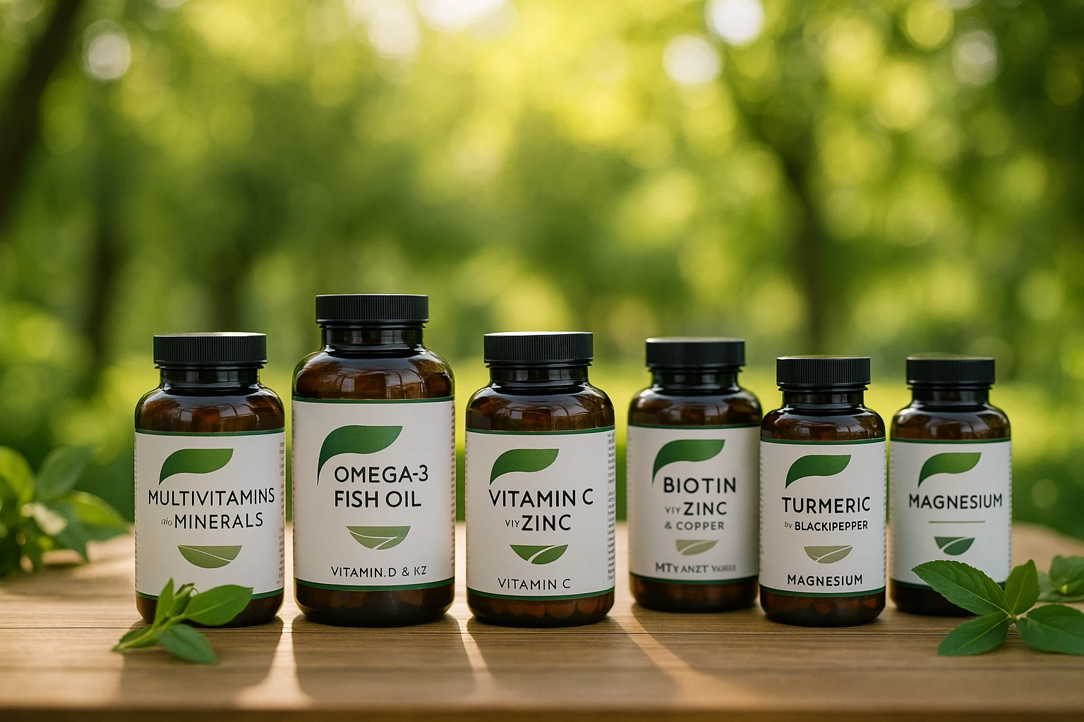 A variety of Nutravita supplement bottles neatly arranged on a wooden table outdoors, surrounded by fresh greenery and sunlight filtering through tree leaves, emphasizing a natural and holistic approach to wellness.