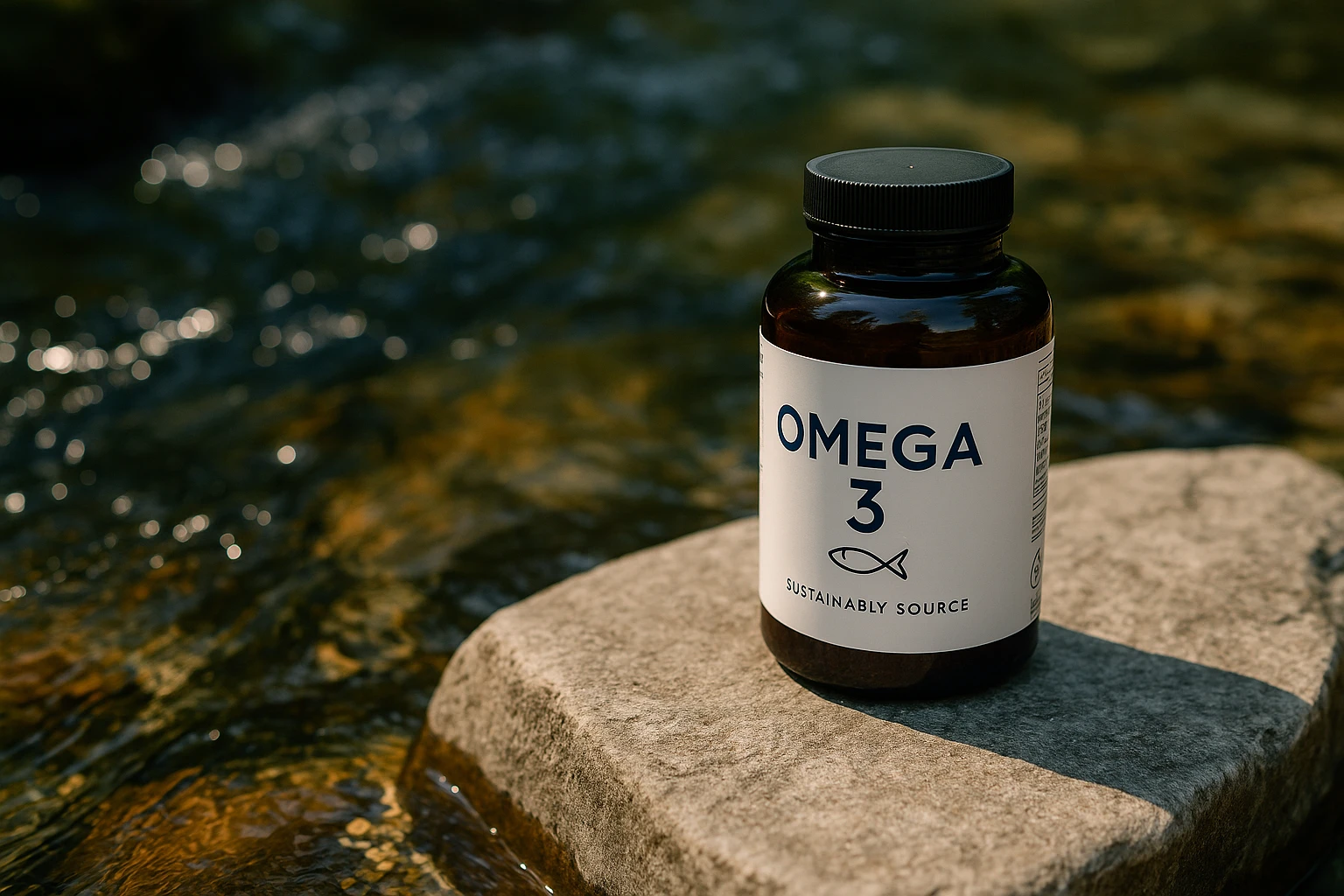 A close-up of Nutravita's Omega 3 supplement bottle resting on a large flat rock beside a flowing stream, with the clear water reflecting sunlight and the label highlighting sustainably sourced ingredients.