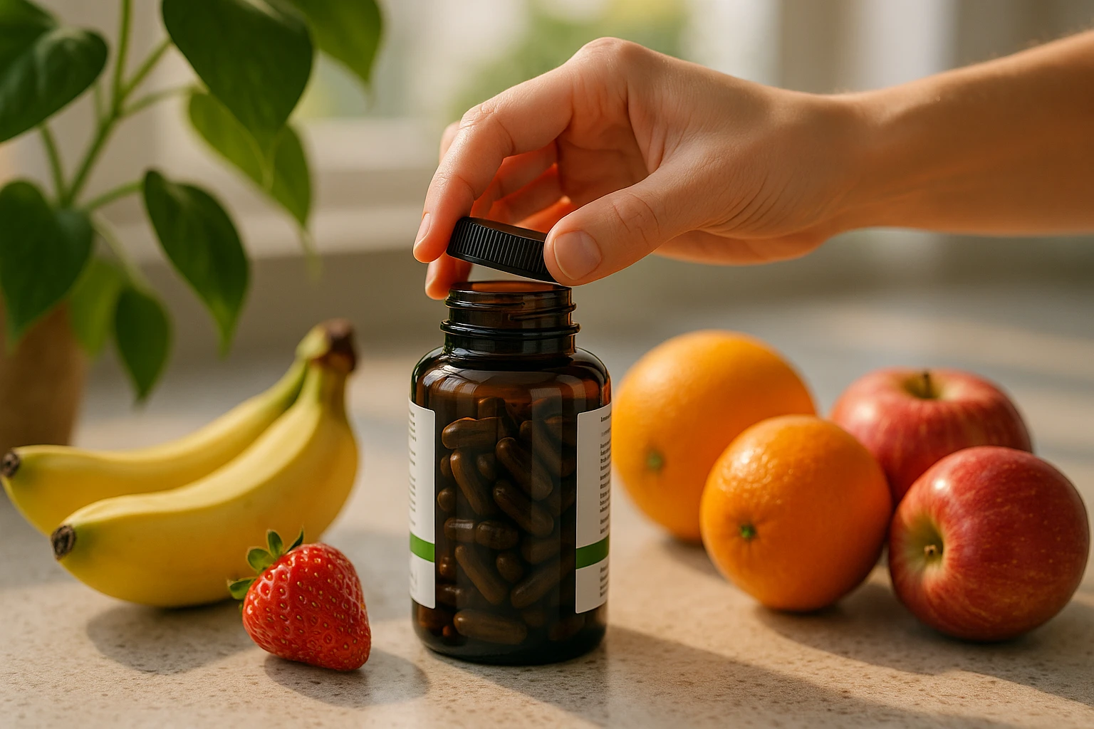 A close-up of a hand gently opening a bottle of Nutravita supplements, surrounded by fresh fruits and a leafy plant on a sunlit kitchen countertop, illustrating a natural and vibrant wellness routine.