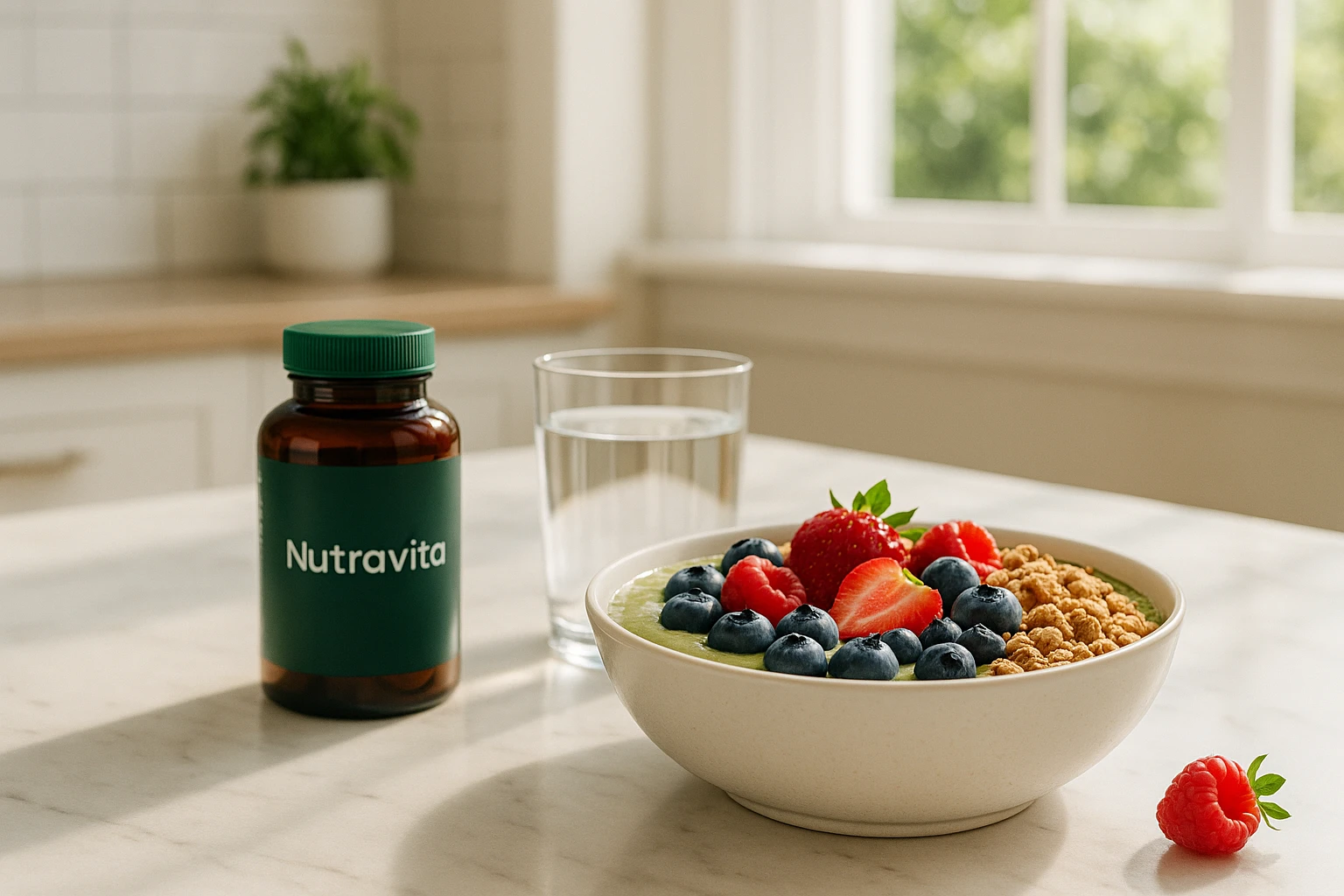 A bright kitchen scene featuring a Nutravita supplement bottle alongside a glass of water and a freshly prepared smoothie bowl, adorned with colorful berries and granola, emphasizing a vibrant start to a healthy day.