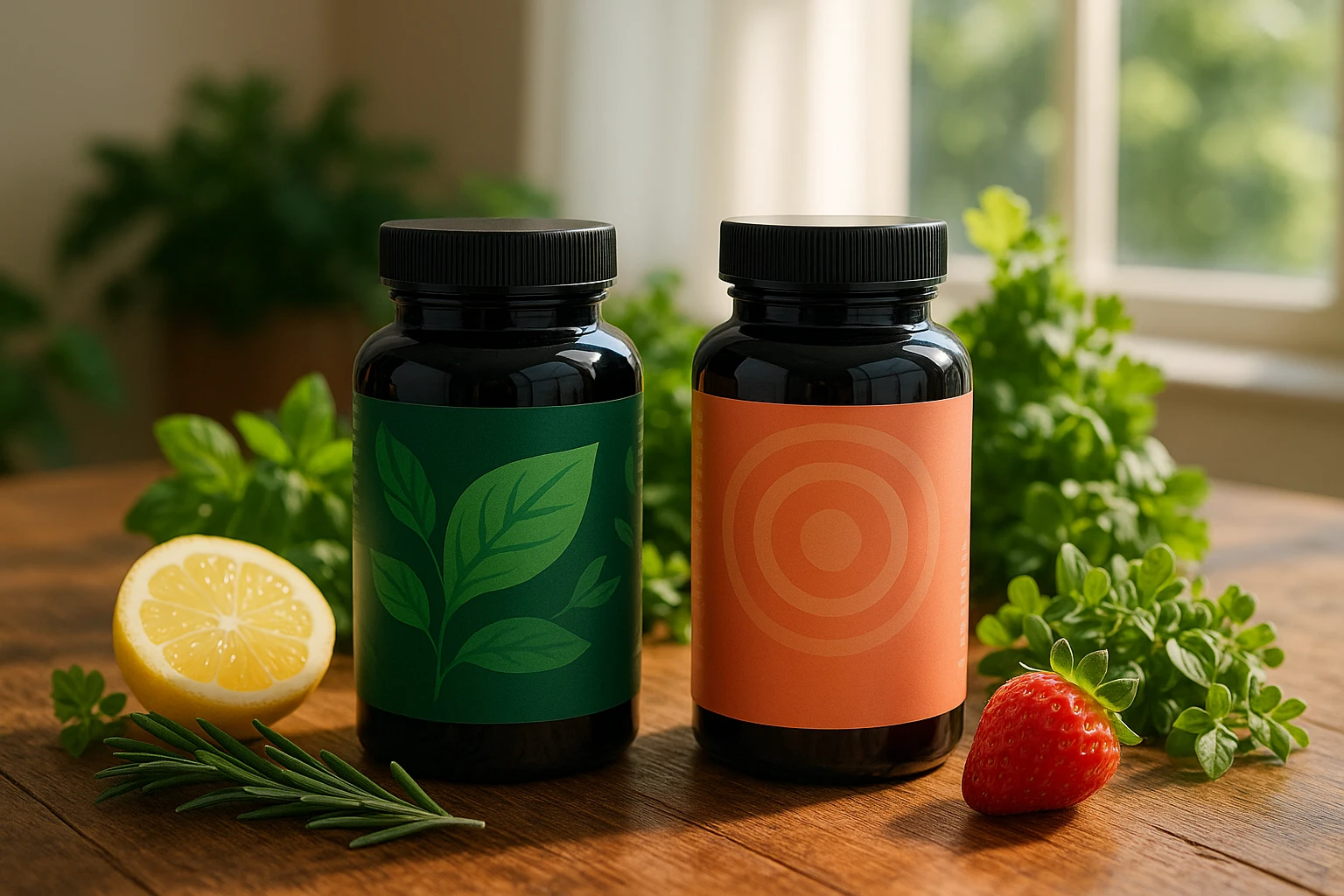 Two supplement bottles labeled 