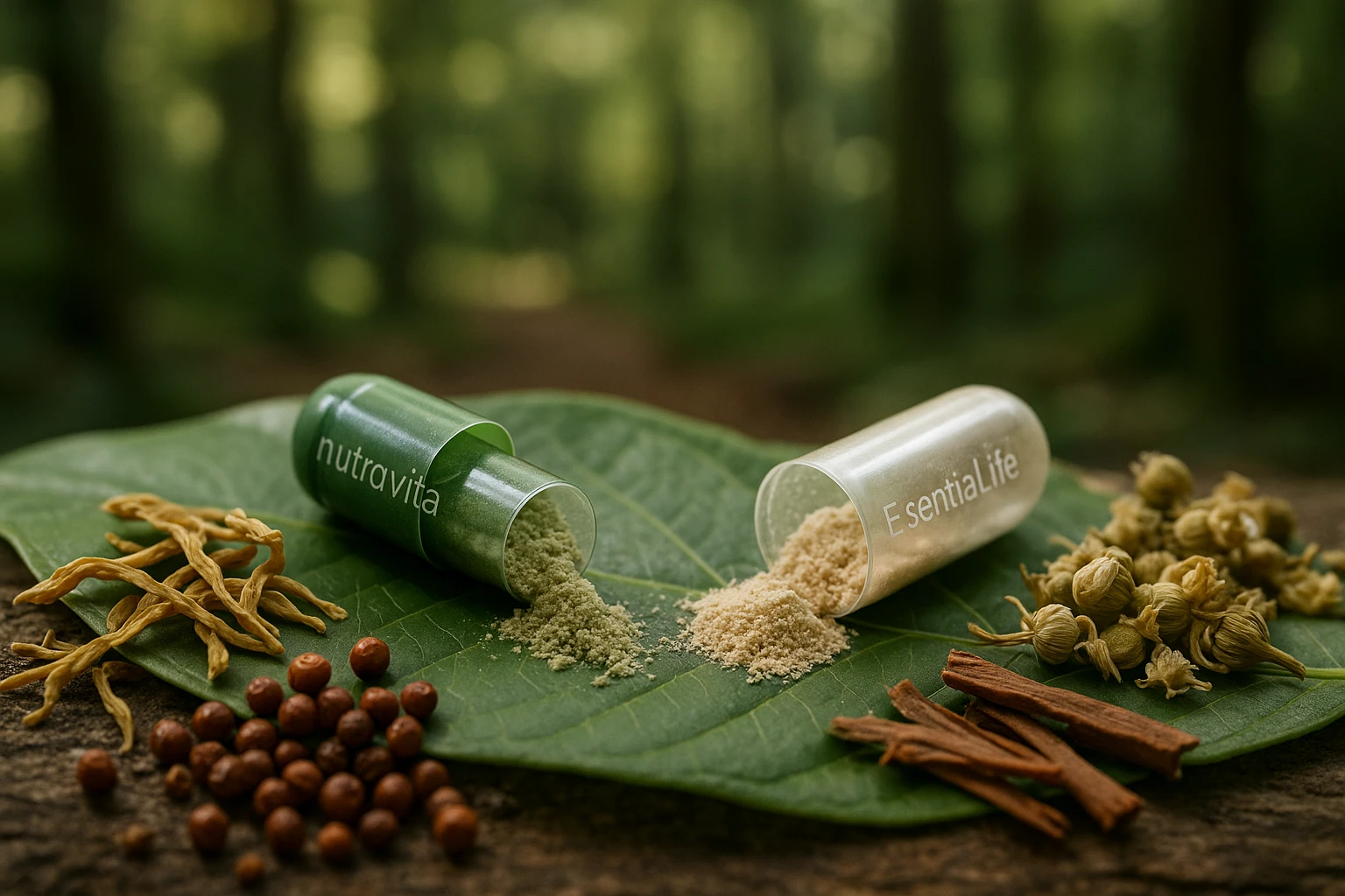 Two open supplement capsules from Nutravita and Essential Life rest on a large leaf surrounded by various dried herbs and spices, with soft focus on a natural forest background.