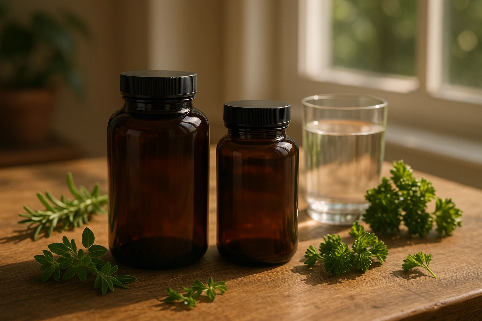 Two supplement bottles, one labeled Nutravita and the other Essential Life, placed on a wooden table surrounded by fresh herbs and a glass of water, basking in natural sunlight streaming through a nearby window.