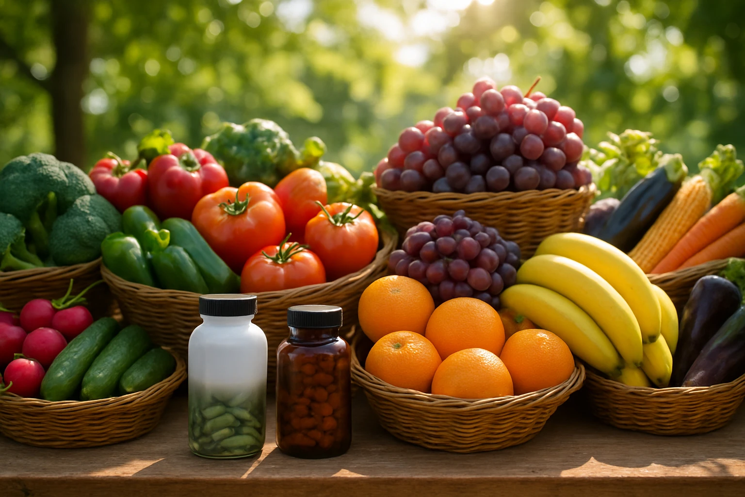 A vibrant market stall displaying baskets filled with colorful fruits and vegetables, flanked by Nutravita and Essential Life supplement bottles, set against a backdrop of lush greenery and bright sunlight filtering through tree branches.