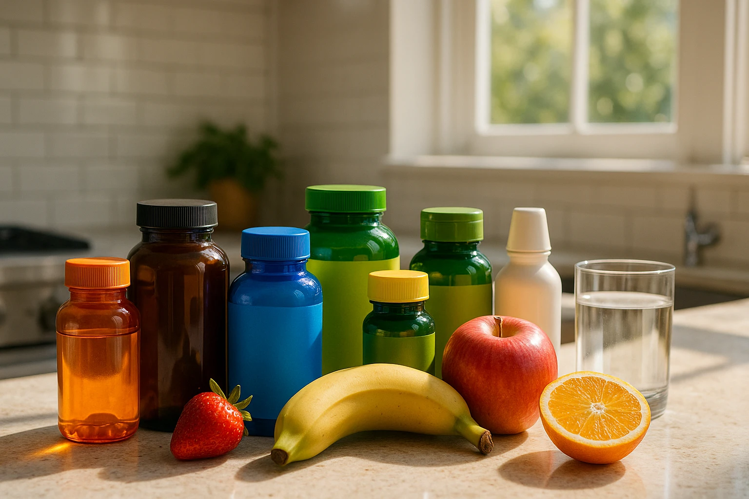 A sunlit kitchen counter with an array of vibrant, colorful supplement bottles from different brands, each with distinct shapes and labels, surrounded by fresh fruits and a glass of water, evoking a sense of health and vitality.