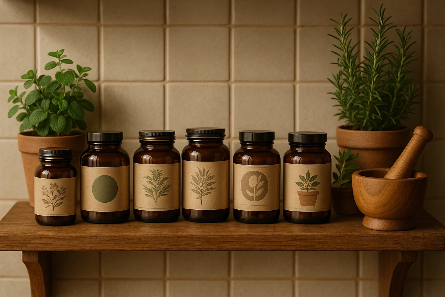 A wooden shelf in a cozy kitchen lined with neatly organized supplement jars from various lesser-known brands, each with distinct elegant designs and earthy tones, alongside potted herbs and a wooden mortar and pestle, creating a natural and organic atmosphere.
