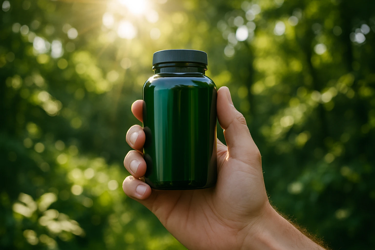 A vibrant outdoor scene featuring a person holding a Nutravita supplement bottle against a backdrop of lush greenery, with sunlight streaming through leaves, symbolizing wellness and vitality.
