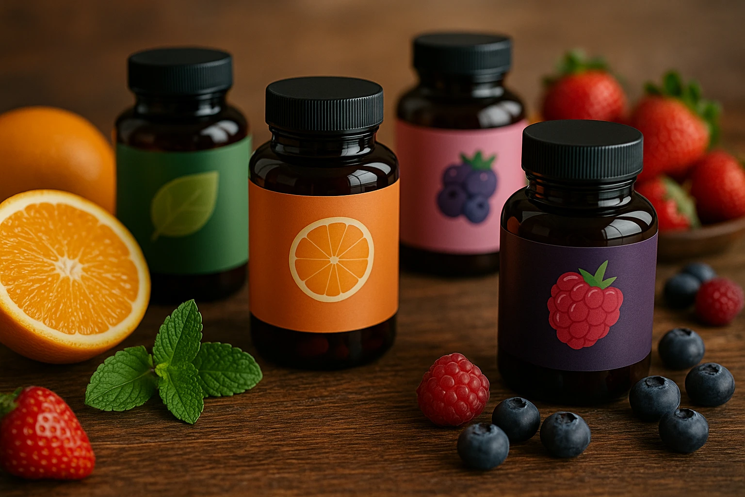 A close-up of an assortment of Nutravita supplement bottles arranged on a rustic wooden table, surrounded by fresh fruits and herbs like oranges, berries, and mint leaves, symbolizing natural ingredients and health.