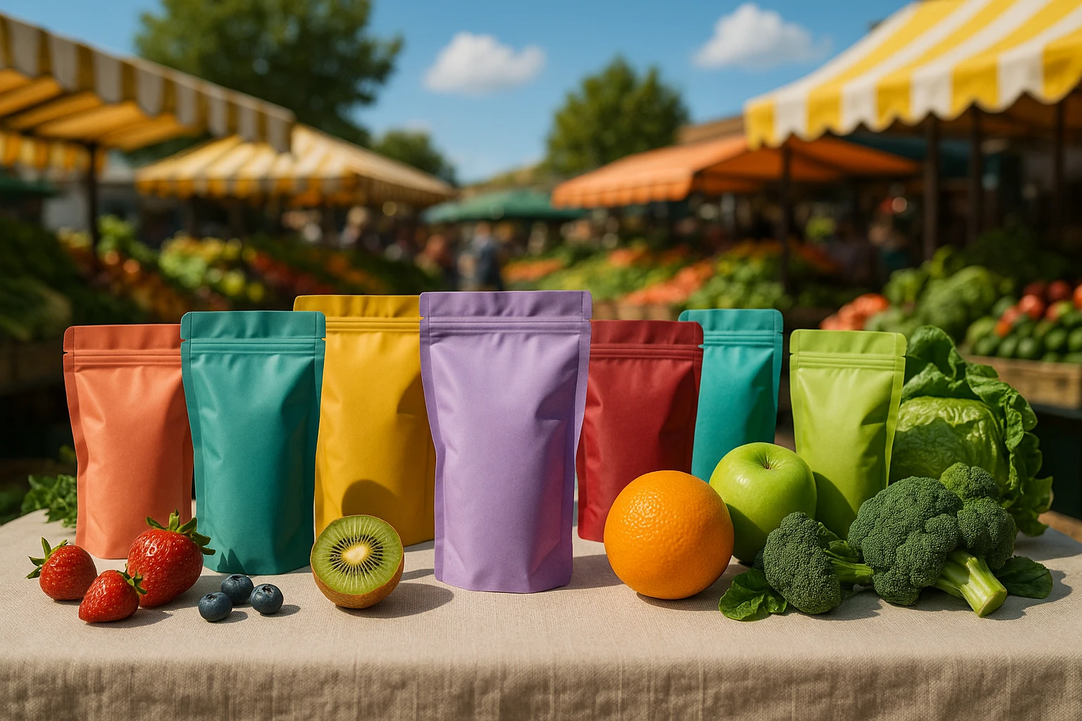 A vibrant outdoor market scene with a colorful display of various health supplements in sleek pouches, surrounded by fresh fruits and vegetables under a sunny sky.
