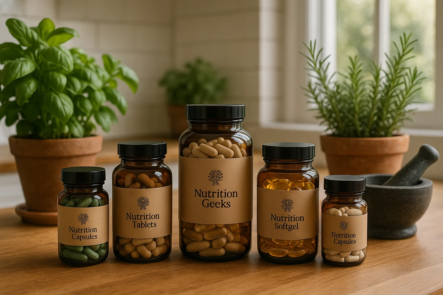 A cozy kitchen scene with a wooden countertop displaying an assortment of Nutrition Geeks supplements in glass jars, surrounded by potted herbs and a mortar and pestle, emphasizing a natural, health-focused ambiance.