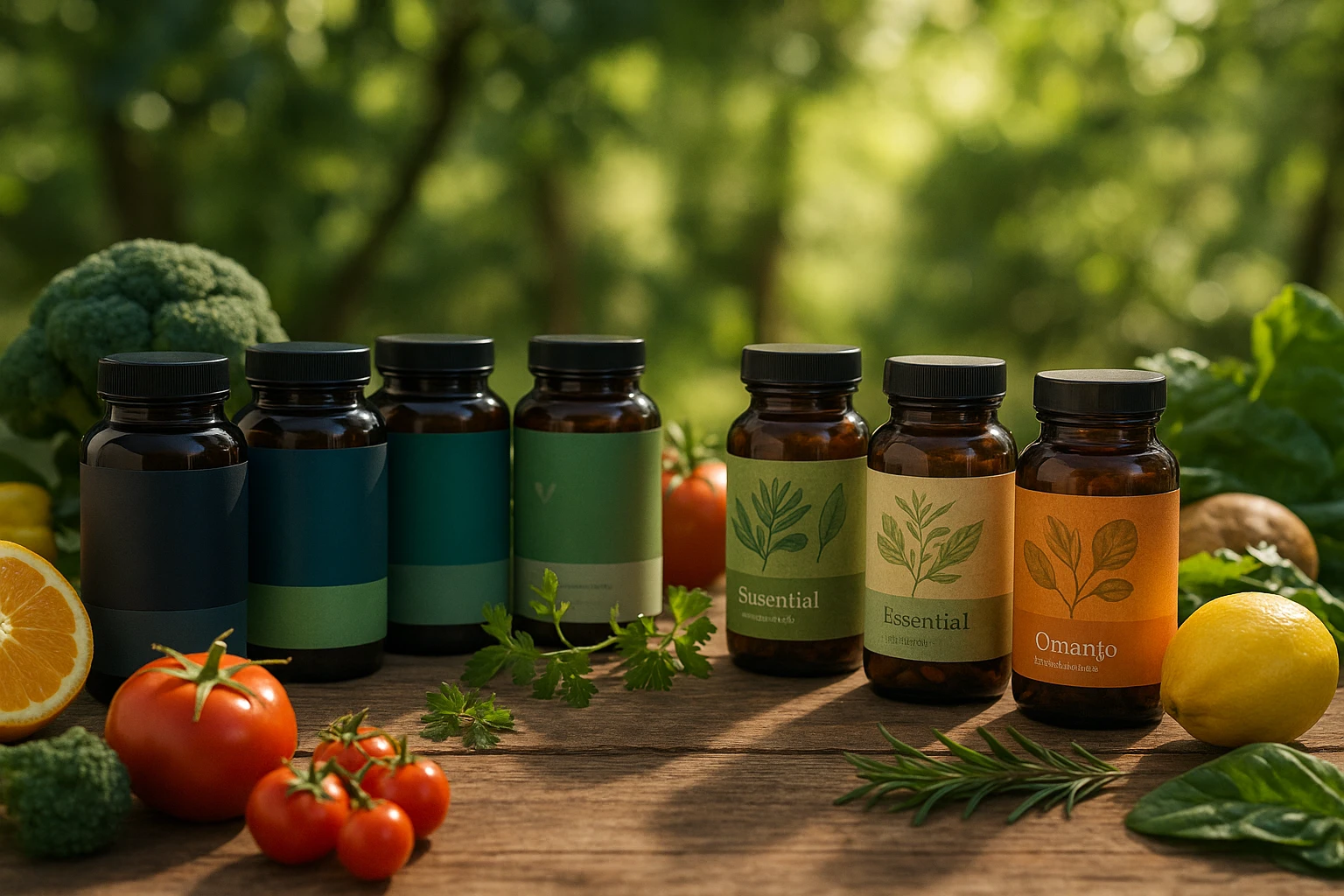 A vibrant scene showcasing two rows of supplement bottles, one labeled Nutrition Geeks with sleek, modern packaging and the other Essential Life featuring earthy, natural designs, set on a rustic wooden table surrounded by fresh fruits, vegetables, and herbs, illuminated by soft, natural sunlight filtering through nearby trees.