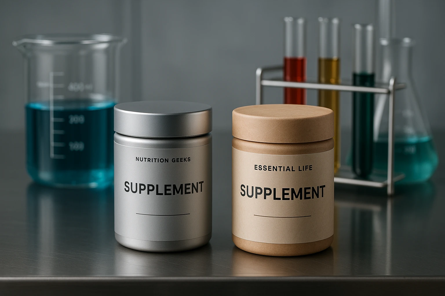 Close-up of a stainless steel lab table featuring Nutrition Geeks supplements in minimalist, futuristic packaging next to Essential Life supplements in eco-friendly, recyclable containers, with beakers and test tubes filled with colorful liquids in the background, highlighting a science-focused setting.